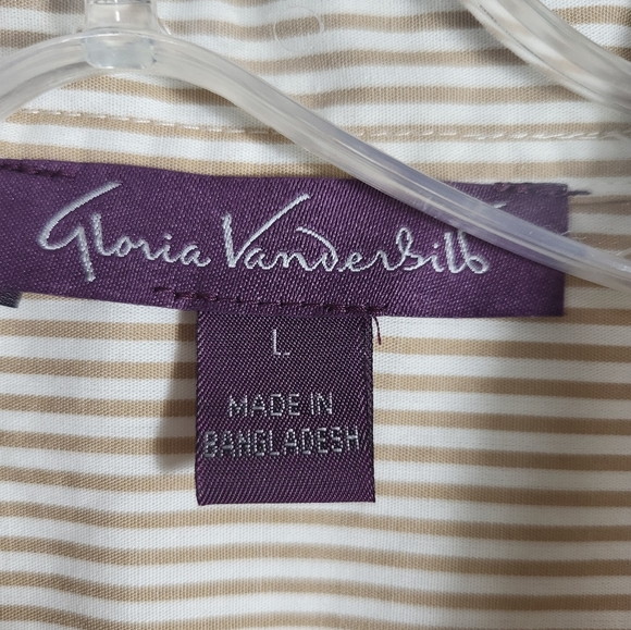 Gloria Vanderbilt tan white stripe button down shirt women's L #2236 - Picture 2 of 8
